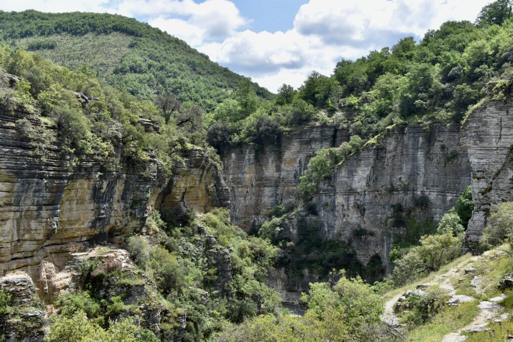 Grün bewachsene Felswänder der Osum-Schlucht