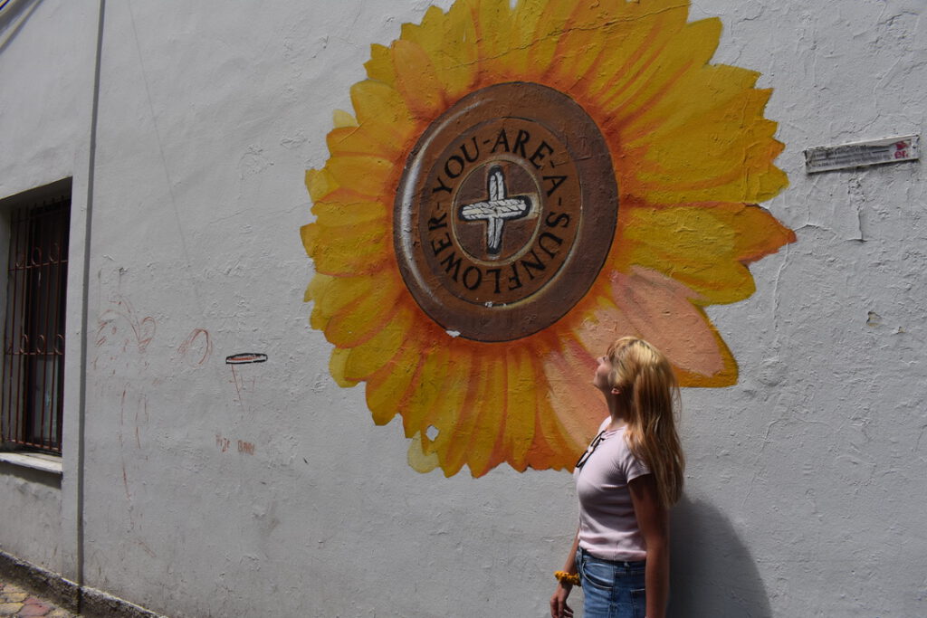 An eine Wand gemalte Sonnenblume