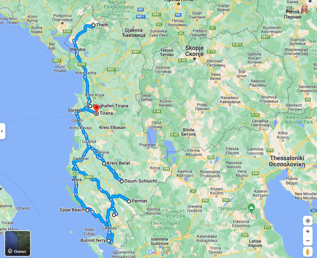 Screenshot einer Route durch Albanien